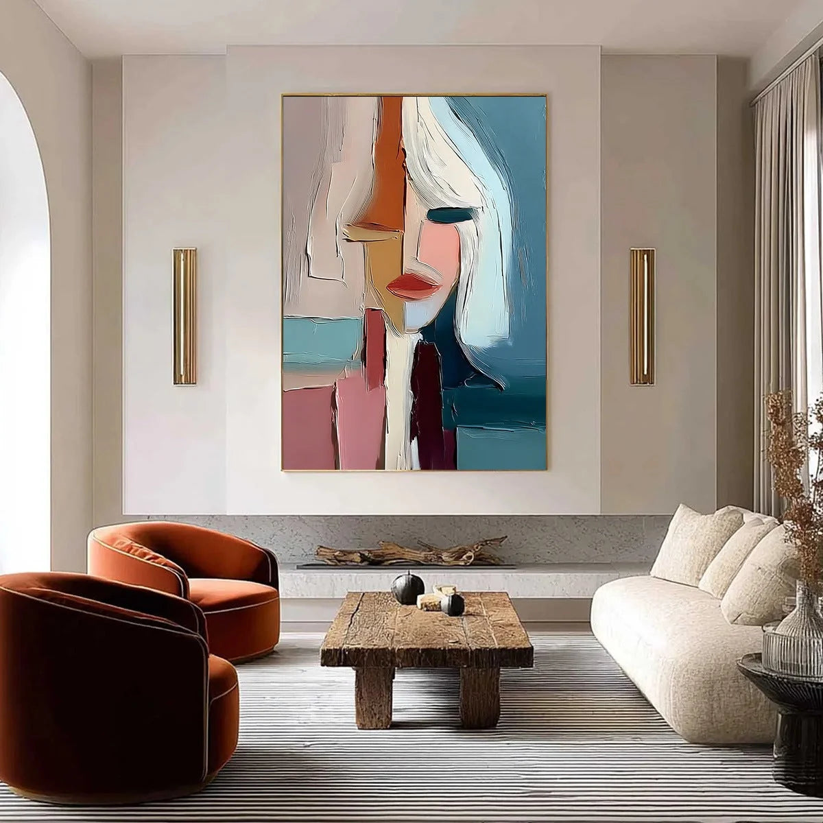 MOSAIC MUSE: Abstract Figurative Portrait Oil Painting with Heavy Texture | gold frame stretched on neutral wall