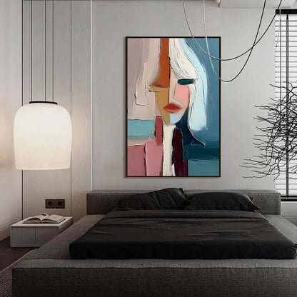 MOSAIC MUSE: Abstract Figurative Portrait Oil Painting with Heavy Texture | black frame version on white wall