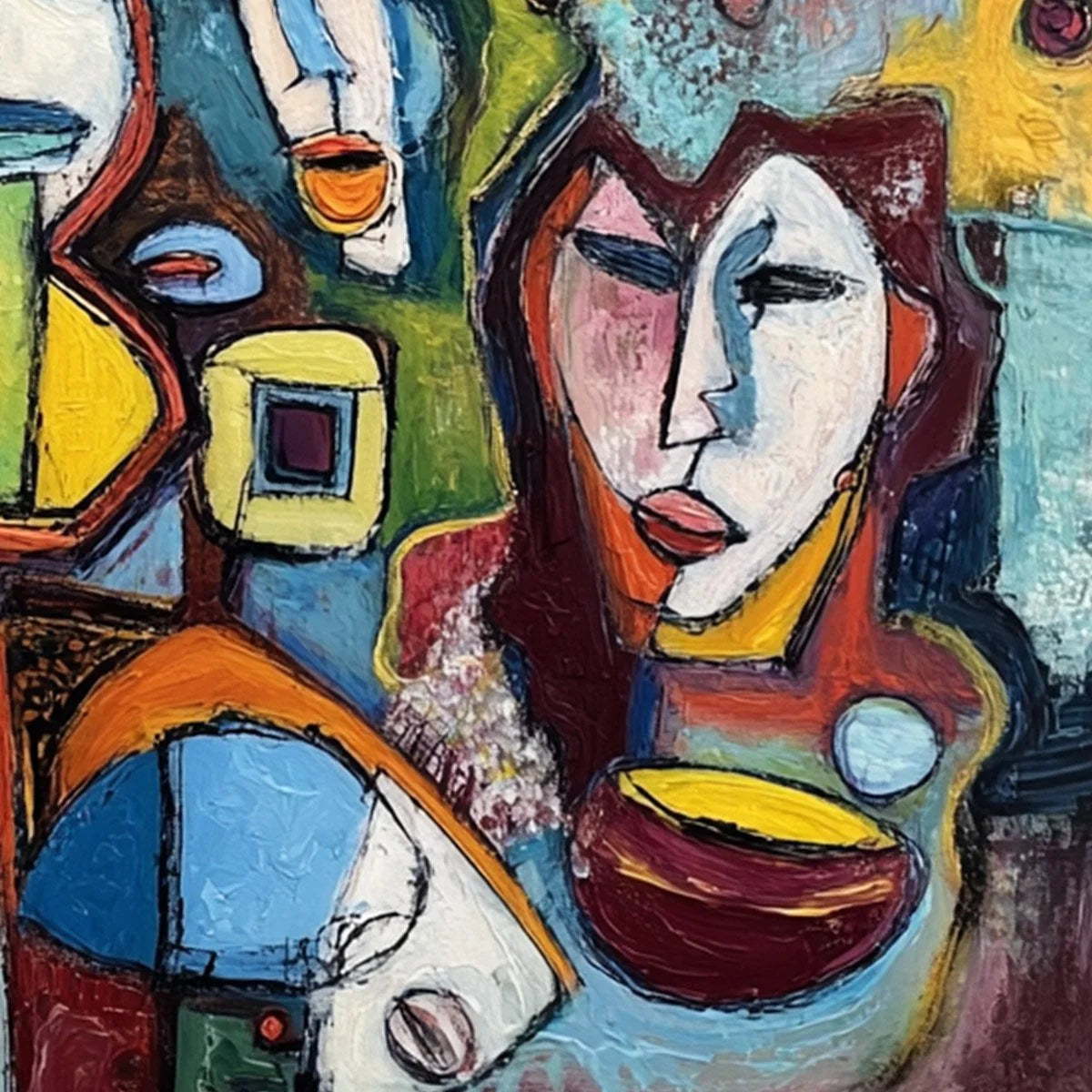 MOSAIC OF MINDS Colorful Figurative Painting | vibrant color blocking closeup, raised detail
