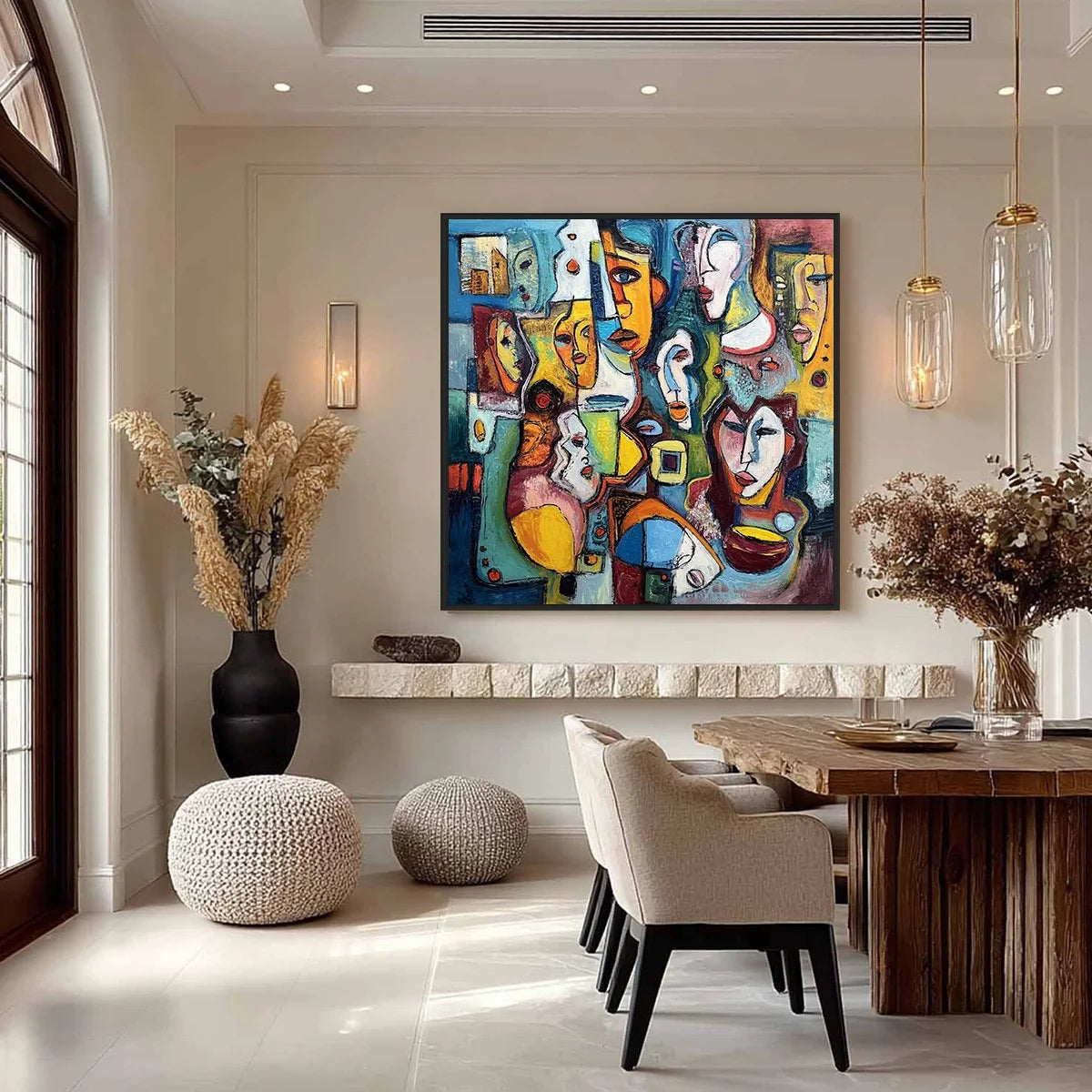 MOSAIC OF MINDS Colorful Figurative Painting | square 20x20 inch format, hand-painted canvas edge