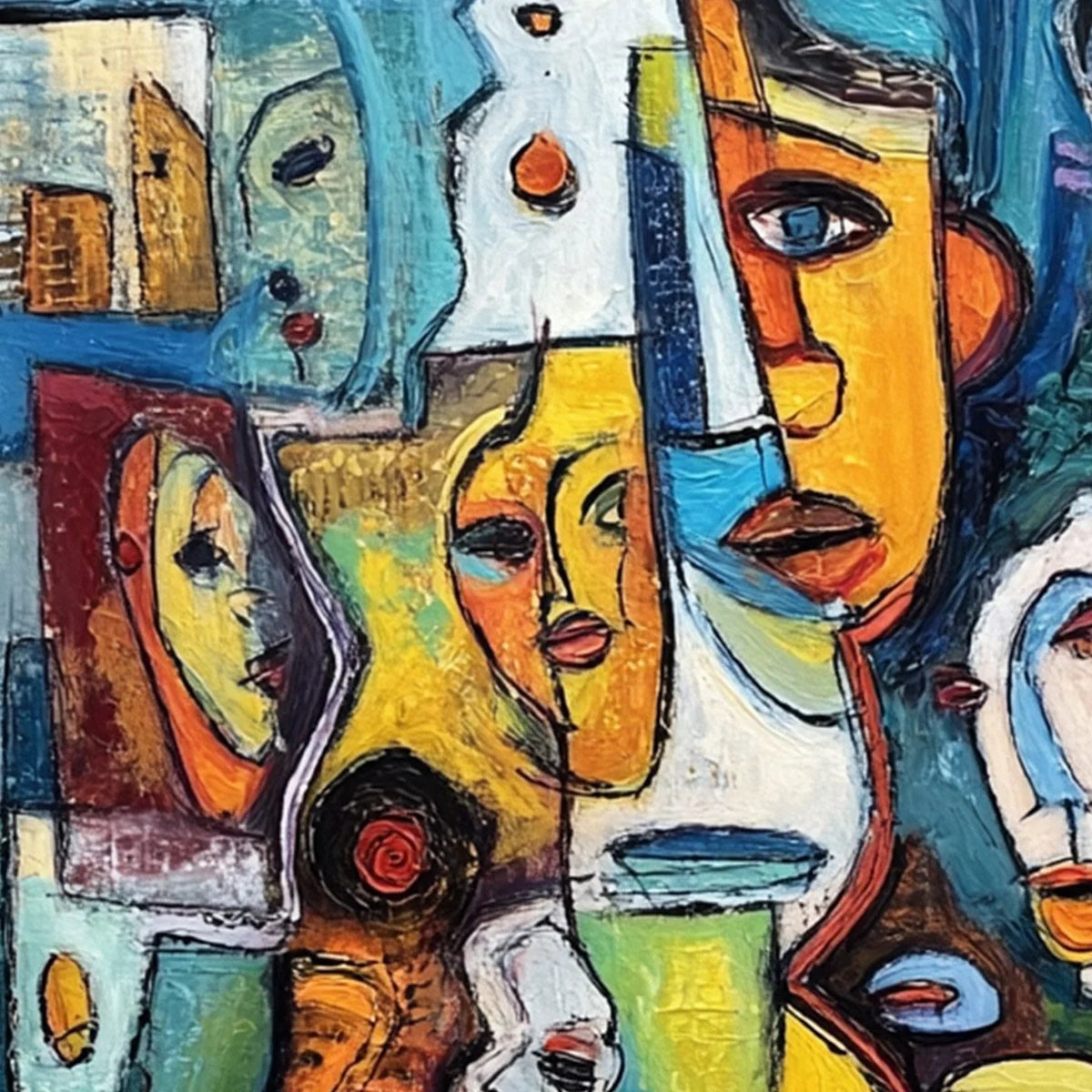MOSAIC OF MINDS Colorful Figurative Painting | gold frame stretched on neutral wall