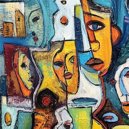 MOSAIC OF MINDS Colorful Figurative Painting | gold frame stretched on neutral wall