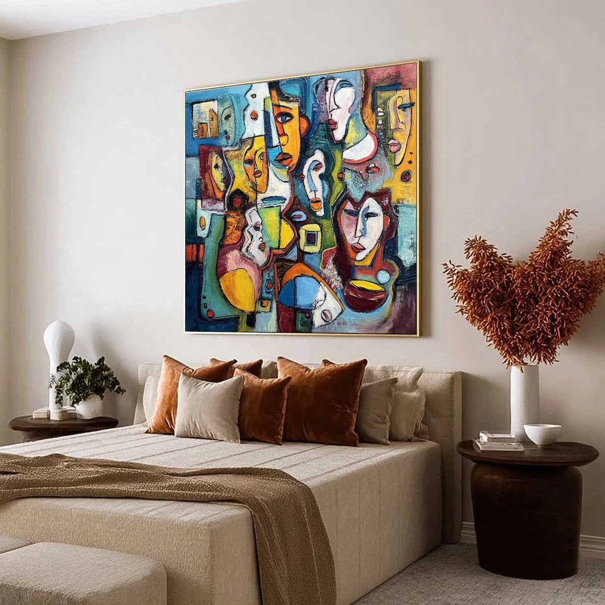 MOSAIC OF MINDS Colorful Figurative Painting | black frame version on white wall