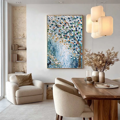MOSAIC RAIN: Heavily Textured Impasto Tree of Life Painting | gold frame stretched on neutral wall