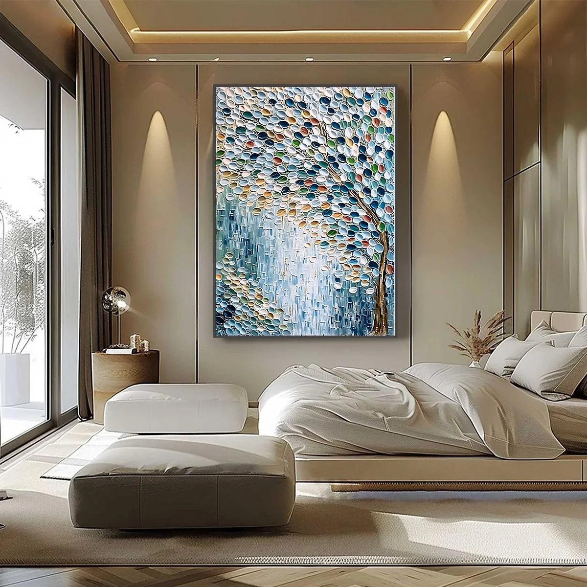 MOSAIC RAIN: Heavily Textured Impasto Tree of Life Painting | black frame version on white wall