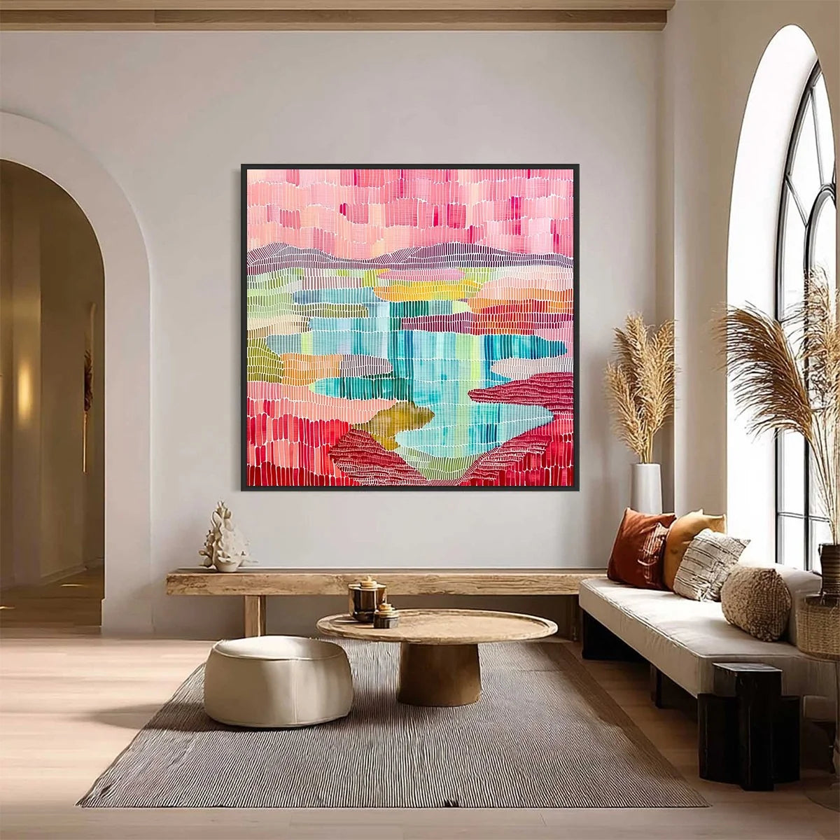 MOSAIC SUNRISE: Colorful Textured Abstract Landscape Painting | Abstract closeup, raised brushwork detail