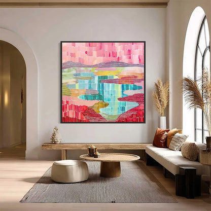MOSAIC SUNRISE: Colorful Textured Abstract Landscape Painting | Abstract closeup, raised brushwork detail