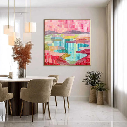 MOSAIC SUNRISE: Colorful Textured Abstract Landscape Painting | gold frame stretched on neutral wall
