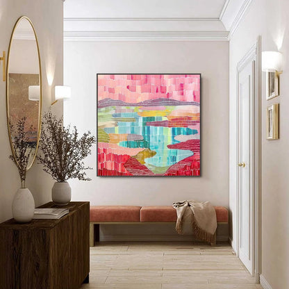 MOSAIC SUNRISE: Colorful Textured Abstract Landscape Painting | black frame version on white wall