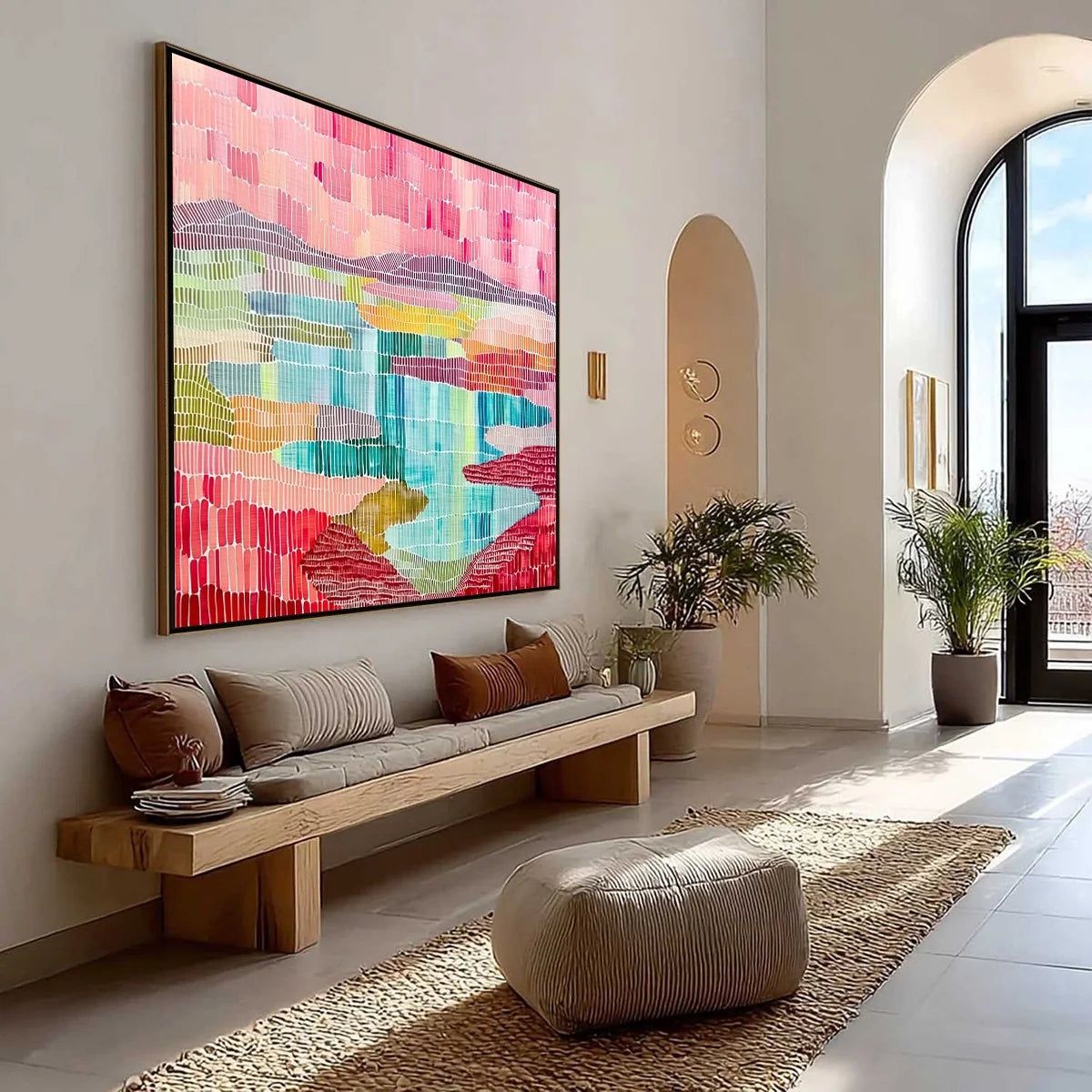 MOSAIC SUNRISE: Colorful Textured Abstract Landscape Painting | Abstract mood, soft natural light studio shot