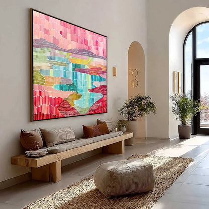 MOSAIC SUNRISE: Colorful Textured Abstract Landscape Painting | Abstract mood, soft natural light studio shot
