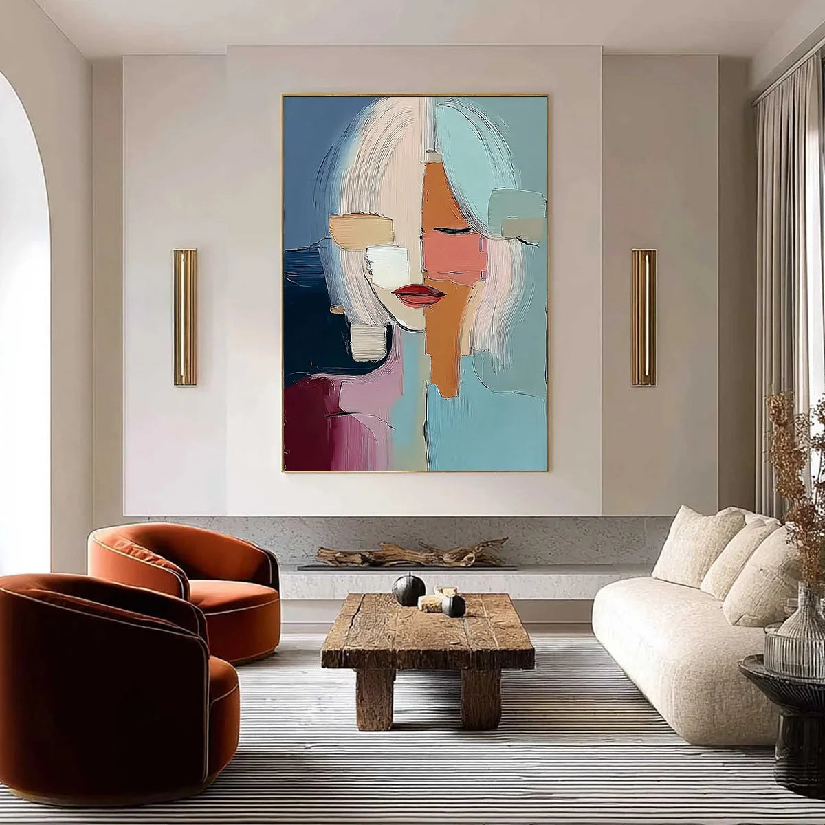 MOSAIC OF THOUGHTS: Abstract Textured Portrait Wall Art for Modern Decor | gold frame stretched on neutral wall