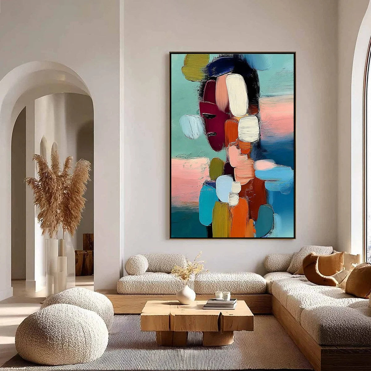 MOSAIC OF THOUGHTS: Textured Abstract Portrait Painting with Bold Colors | gold frame stretched on neutral wall