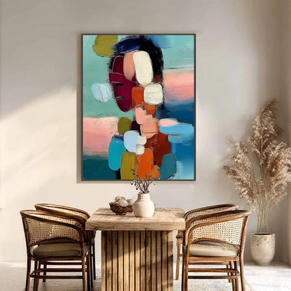 MOSAIC OF THOUGHTS: Textured Abstract Portrait Painting with Bold Colors | black frame version on white wall