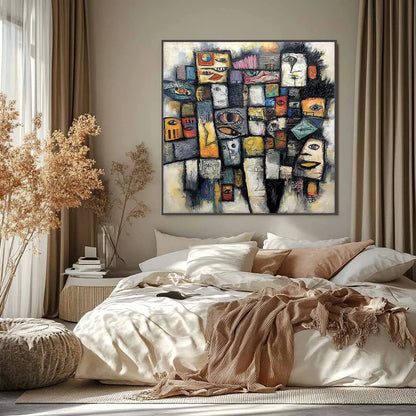 Mosaic of Souls | Square Abstract Portrait Oil Painting for Wall | Abstract closeup, raised brushwork detail