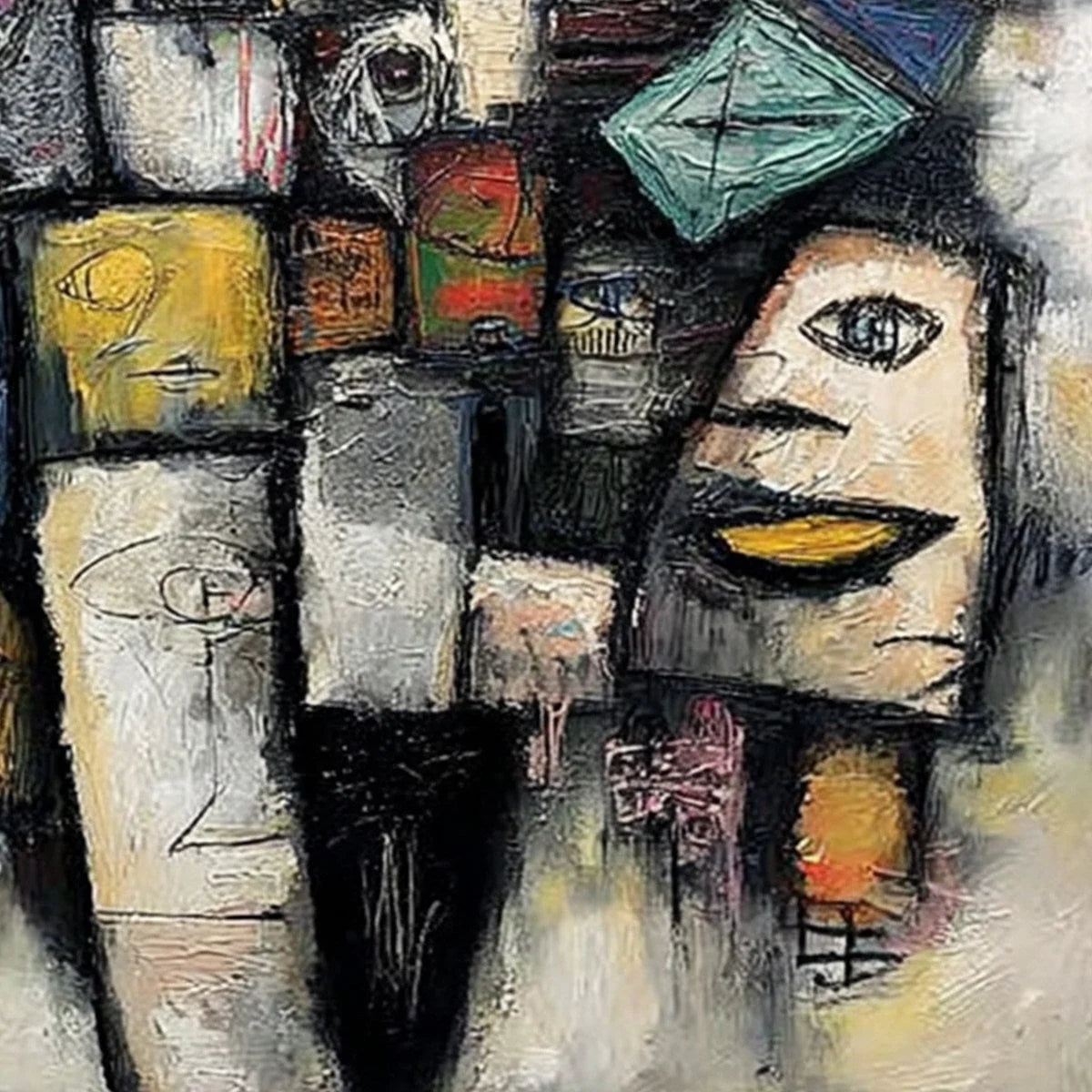 Mosaic of Souls | Square Abstract Portrait Oil Painting for Wall | rectangular format, hand-painted canvas edge