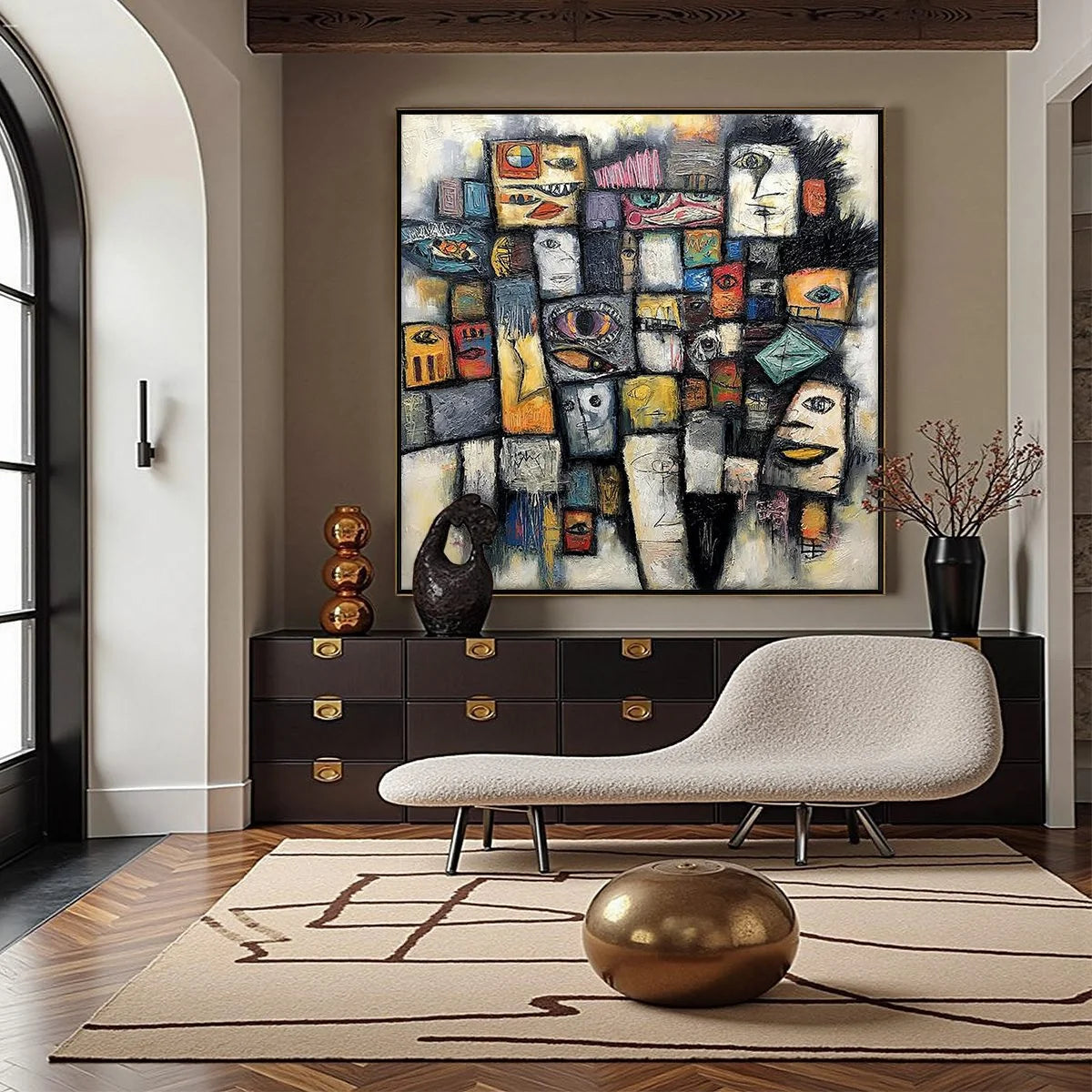 Mosaic of Souls | Square Abstract Portrait Oil Painting for Wall | gold frame stretched on neutral wall