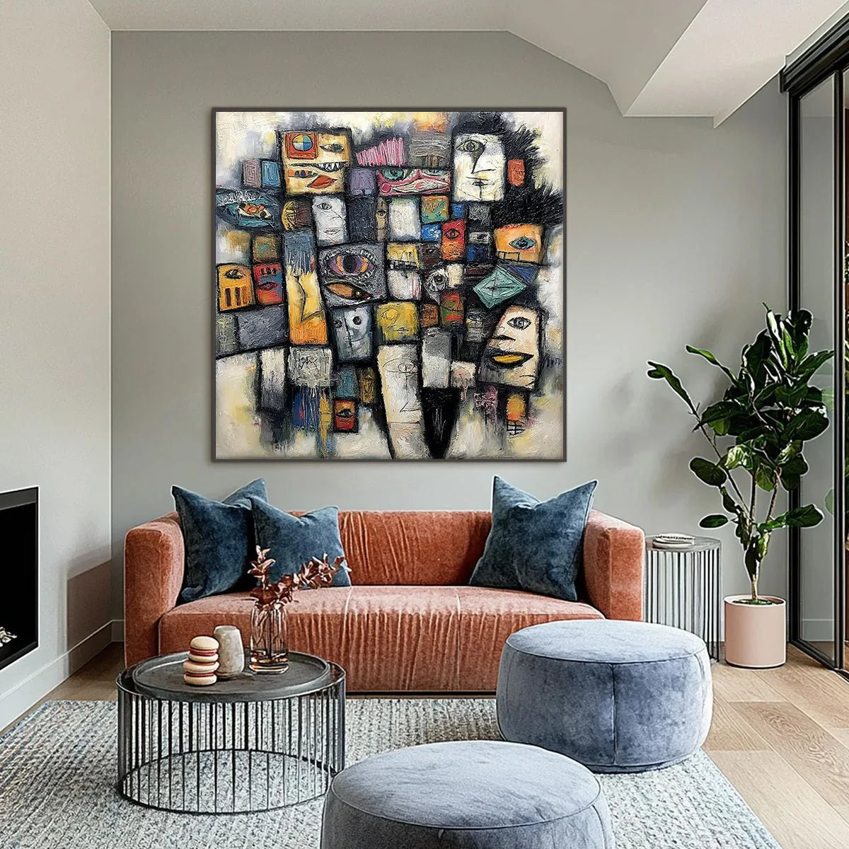 Mosaic of Souls | Square Abstract Portrait Oil Painting for Wall | black frame version on white wall