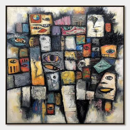Mosaic of Souls | Square Abstract Portrait Oil Painting for Wall | hanging in living room, Abstract wall art
