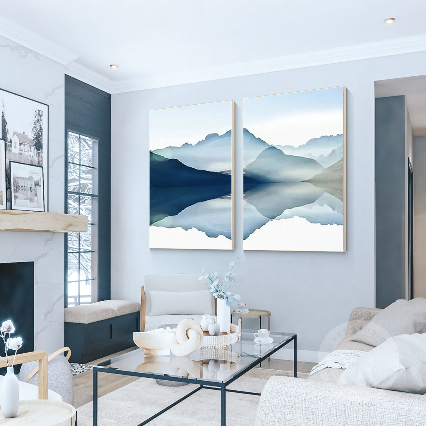 Mountain Landscape Painting Canvas: Set of 2 Framed Watercolor Wall Art #1