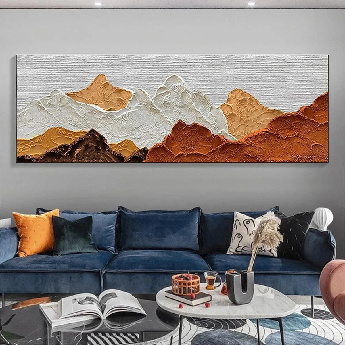 MOUNTAIN PEAKS: Textured Mountain Range Painting in Brown and White | gold frame stretched on neutral wall