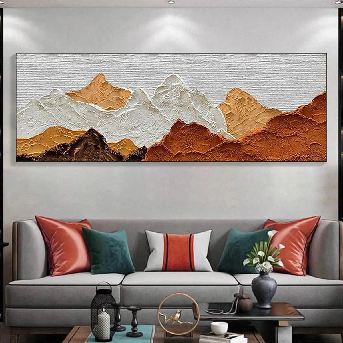 MOUNTAIN PEAKS: Textured Mountain Range Painting in Brown and White | black frame version on white wall