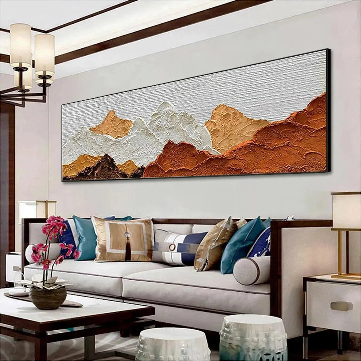 MOUNTAIN PEAKS: Textured Mountain Range Painting in Brown and White | Abstract mood, soft natural light studio shot