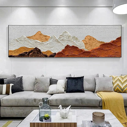 MOUNTAIN PEAKS: Textured Mountain Range Painting in Brown and White | yellow palette, original oil on stretched canvas art