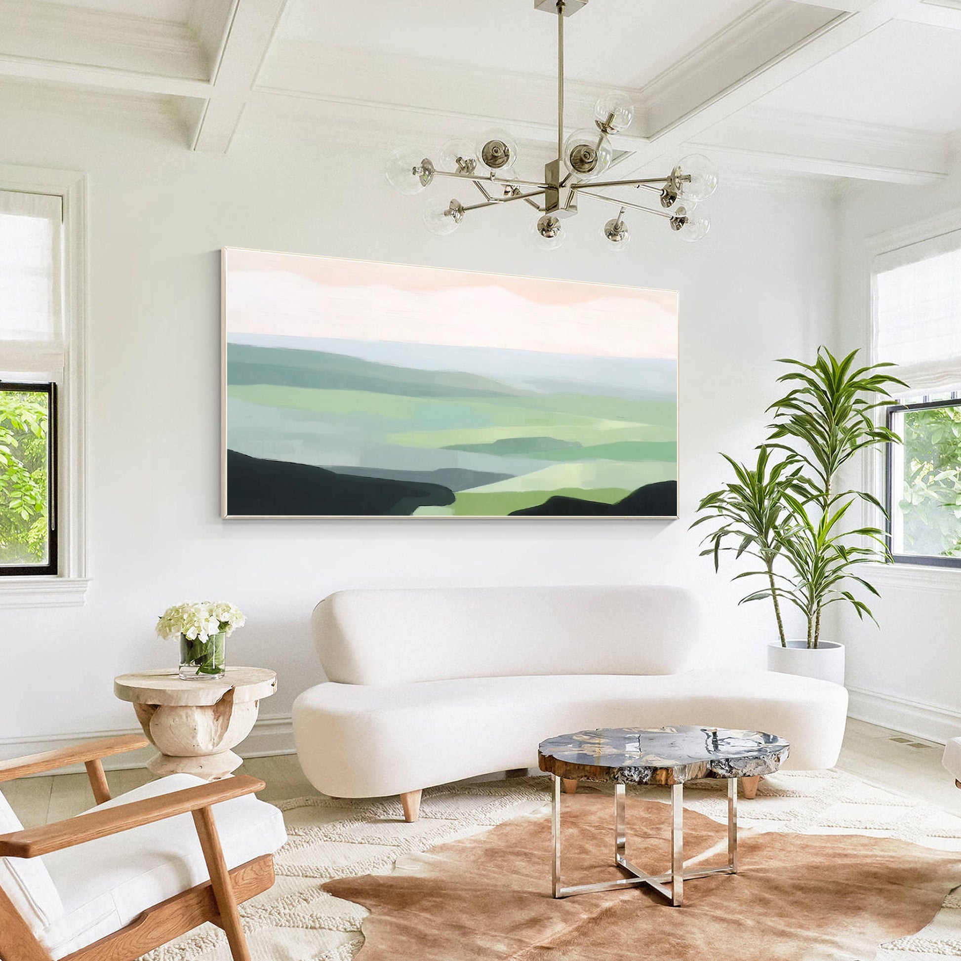 Mountains Abstract Painting Light Green Wall Art, Mountain Hills Landscape Paint #2