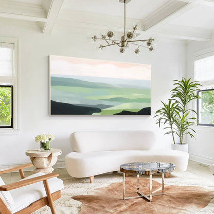 Mountains Abstract Painting Light Green Wall Art, Mountain Hills Landscape Paint #2