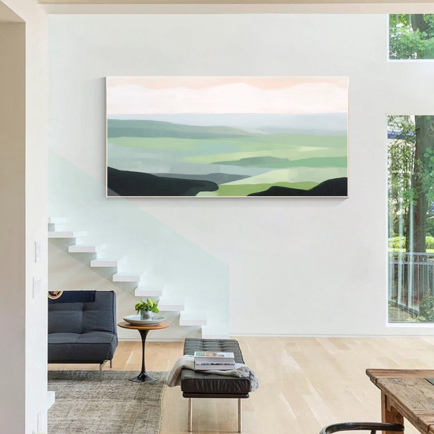 Mountains Abstract Painting Light Green Wall Art, Mountain Hills Landscape Paint #5
