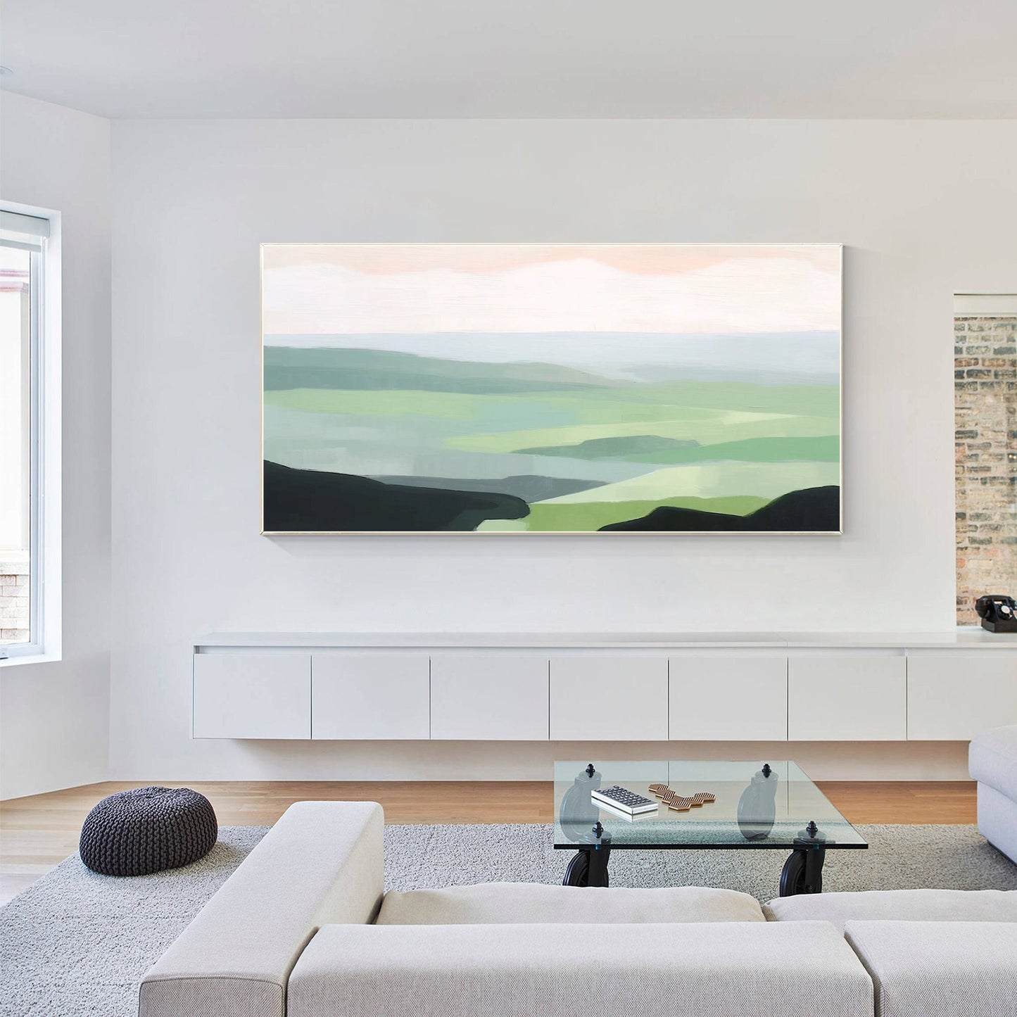 Mountains Abstract Painting Light Green Wall Art, Mountain Hills Landscape Paint #1