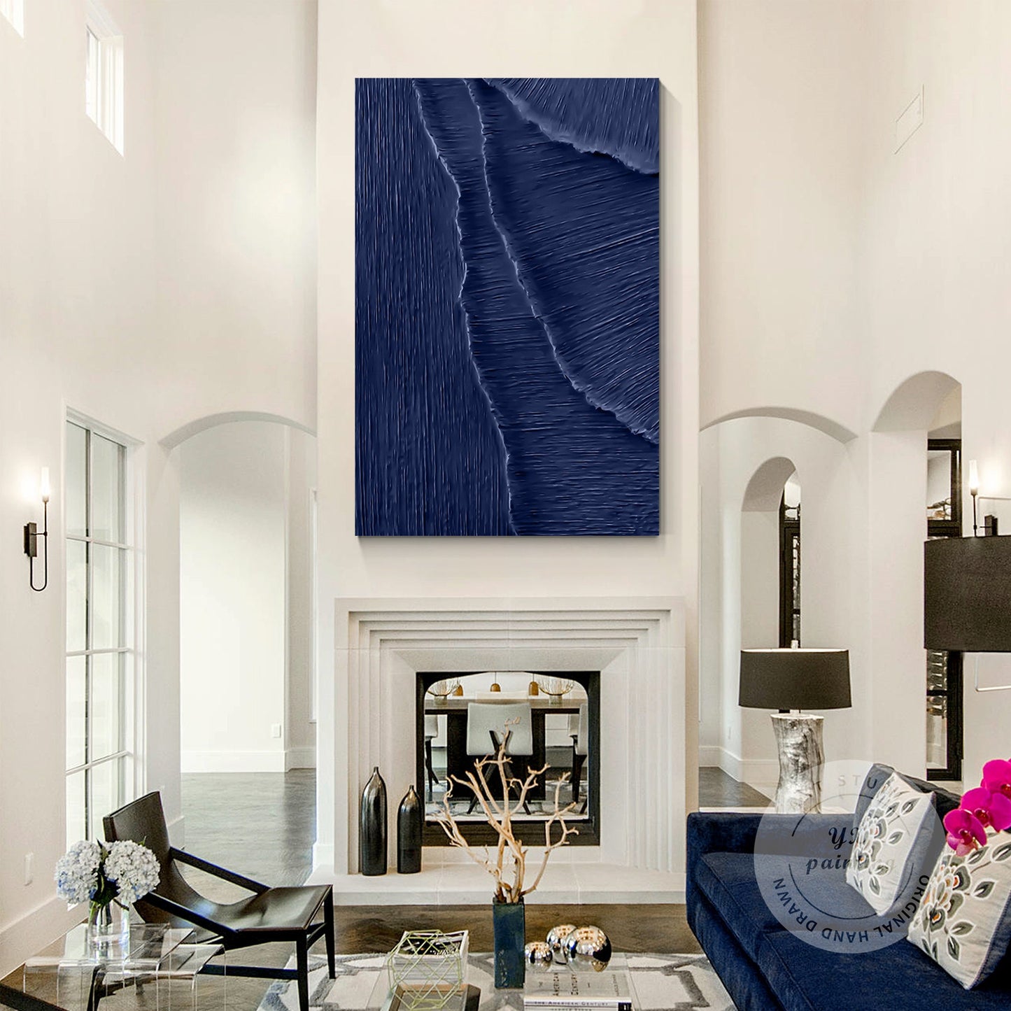 Navy Blue 3D Texture Ocean Wave Painting: Framed Plaster Wall Art #3