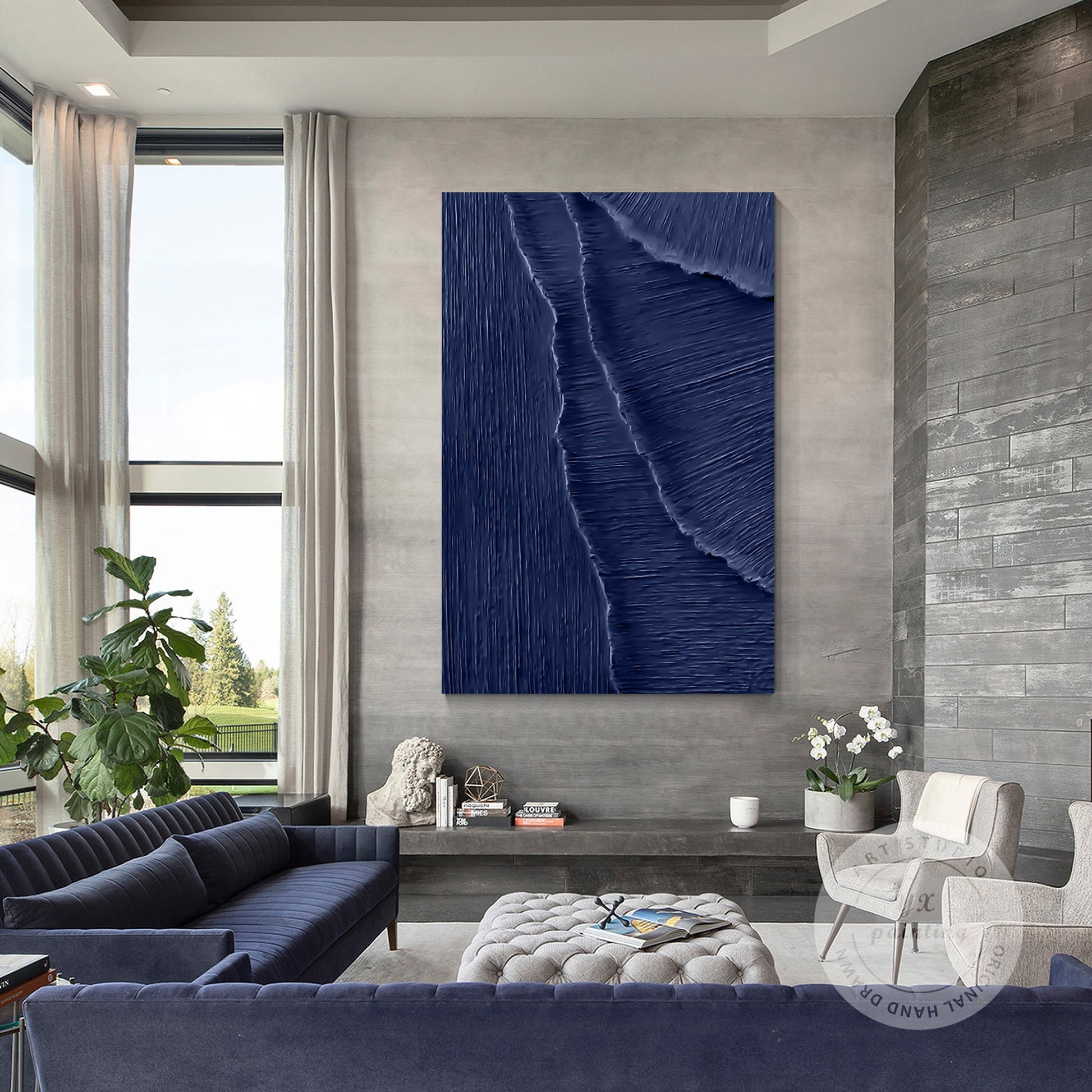 Navy Blue 3D Texture Ocean Wave Painting: Framed Plaster Wall Art #4