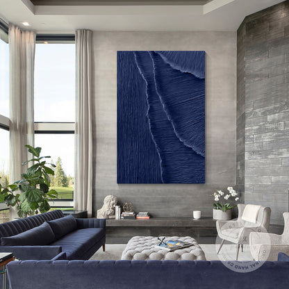 Navy Blue 3D Texture Ocean Wave Painting: Framed Plaster Wall Art #4