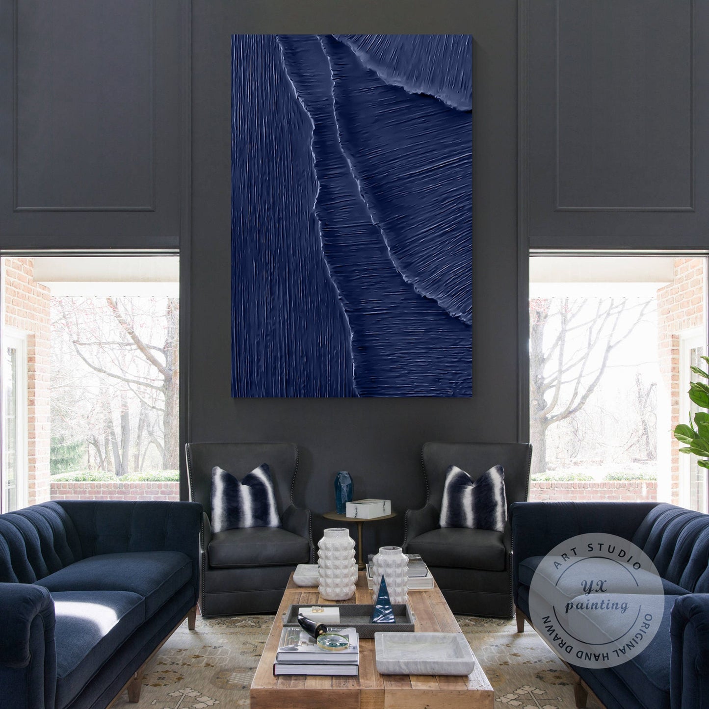 Navy Blue 3D Texture Ocean Wave Painting: Framed Plaster Wall Art #5