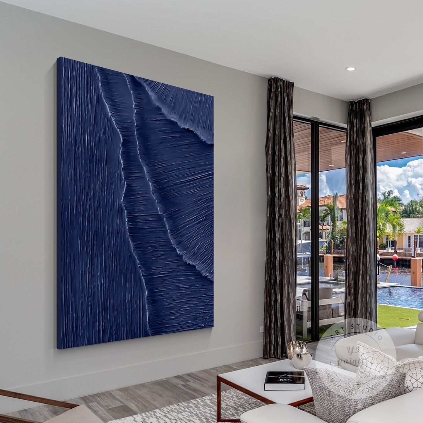 Navy Blue 3D Texture Ocean Wave Painting: Framed Plaster Wall Art #1