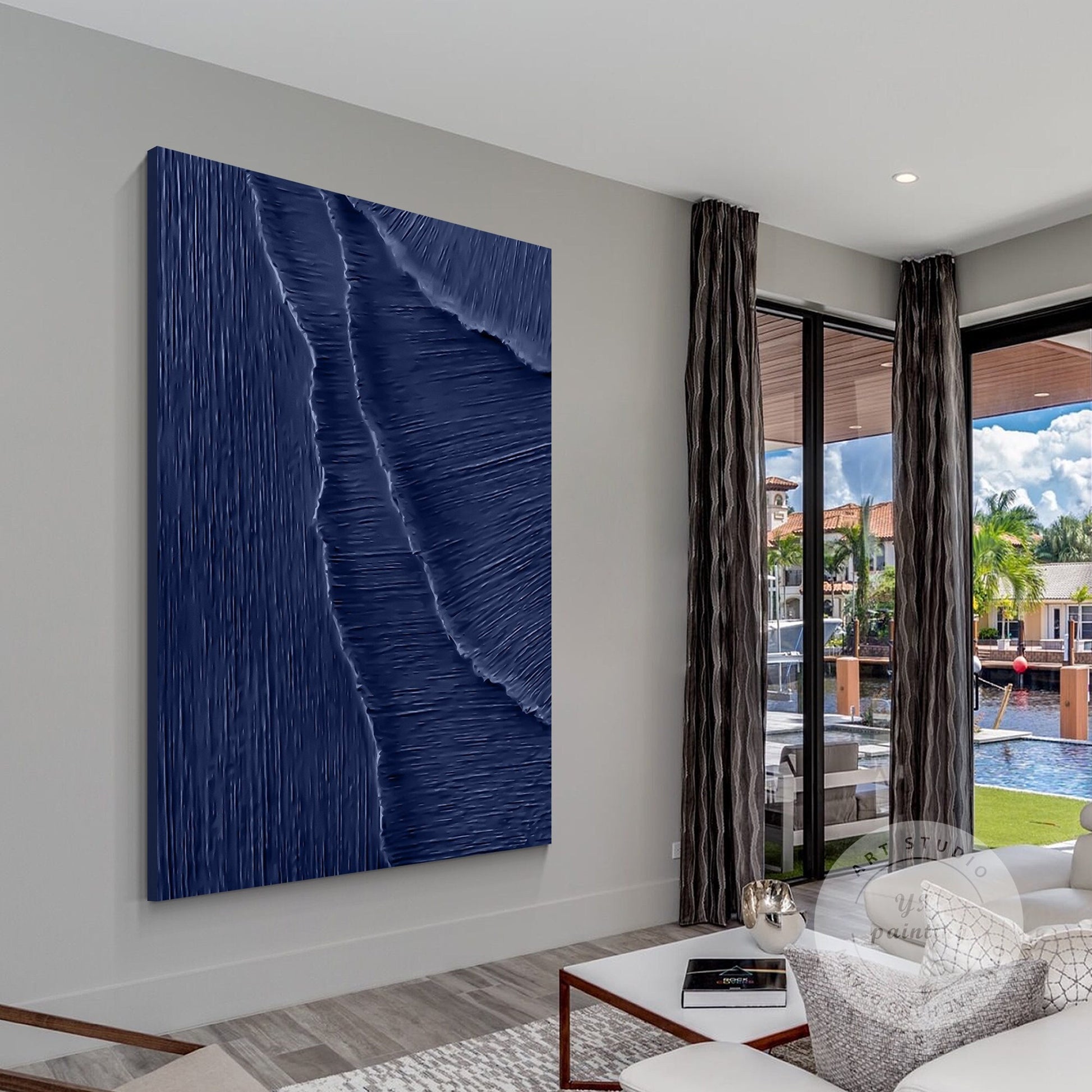 Navy Blue 3D Texture Ocean Wave Painting: Framed Plaster Wall Art #1
