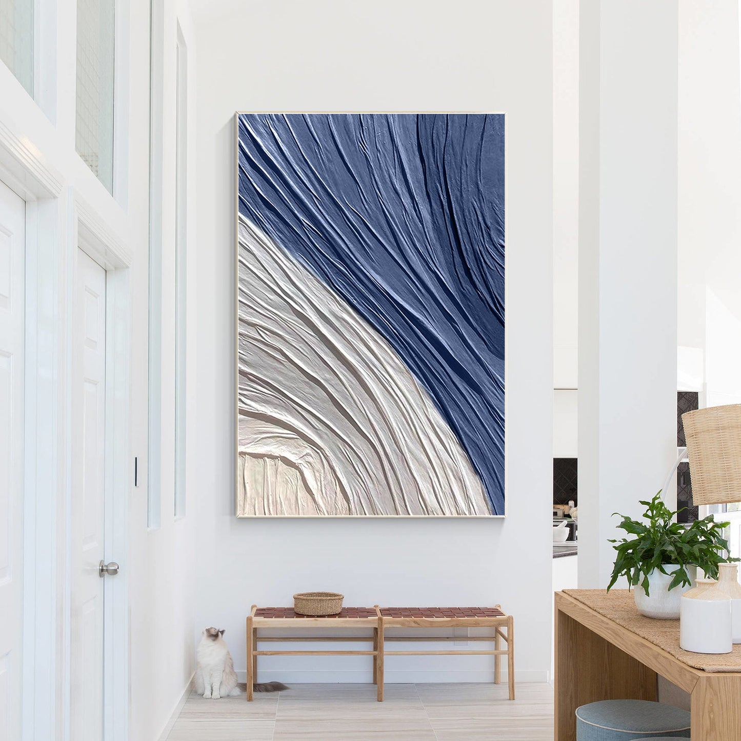 Navy Blue 3D Texture Painting, Minimalist Abstract Canvas Wall Art, Large Hand P #2
