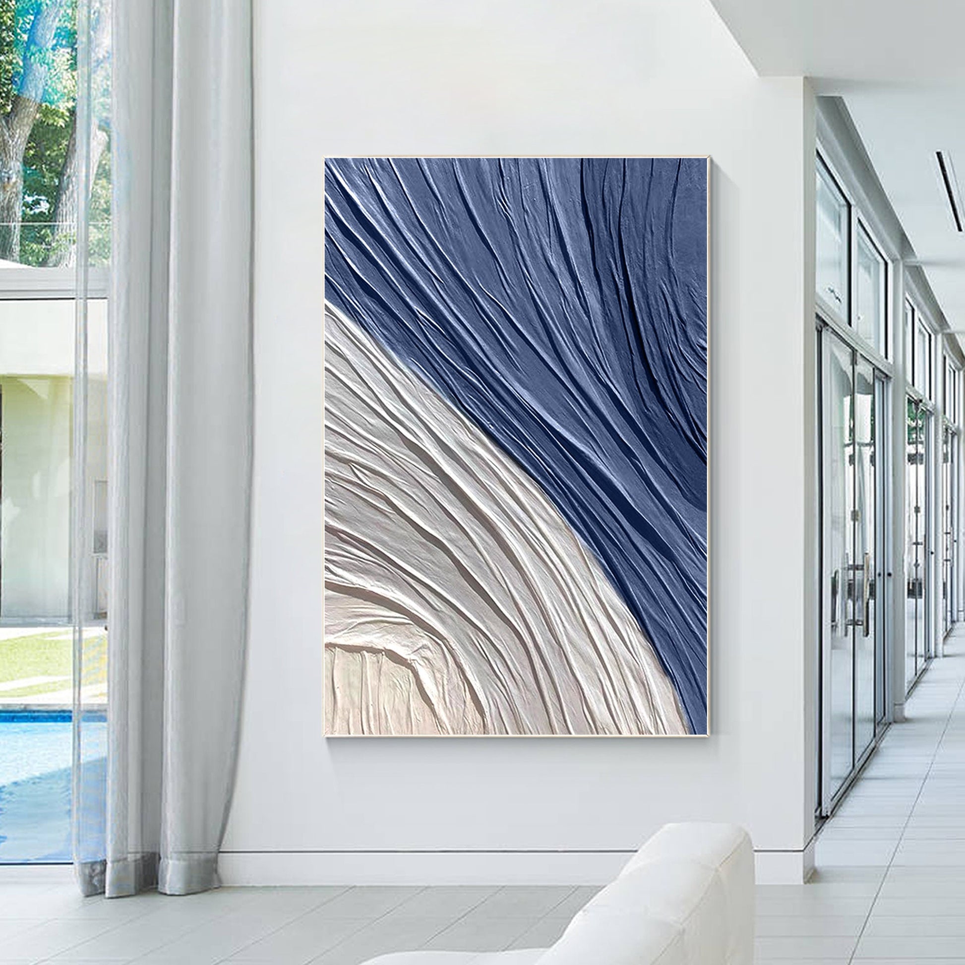 Navy Blue 3D Texture Painting, Minimalist Abstract Canvas Wall Art, Large Hand P #4