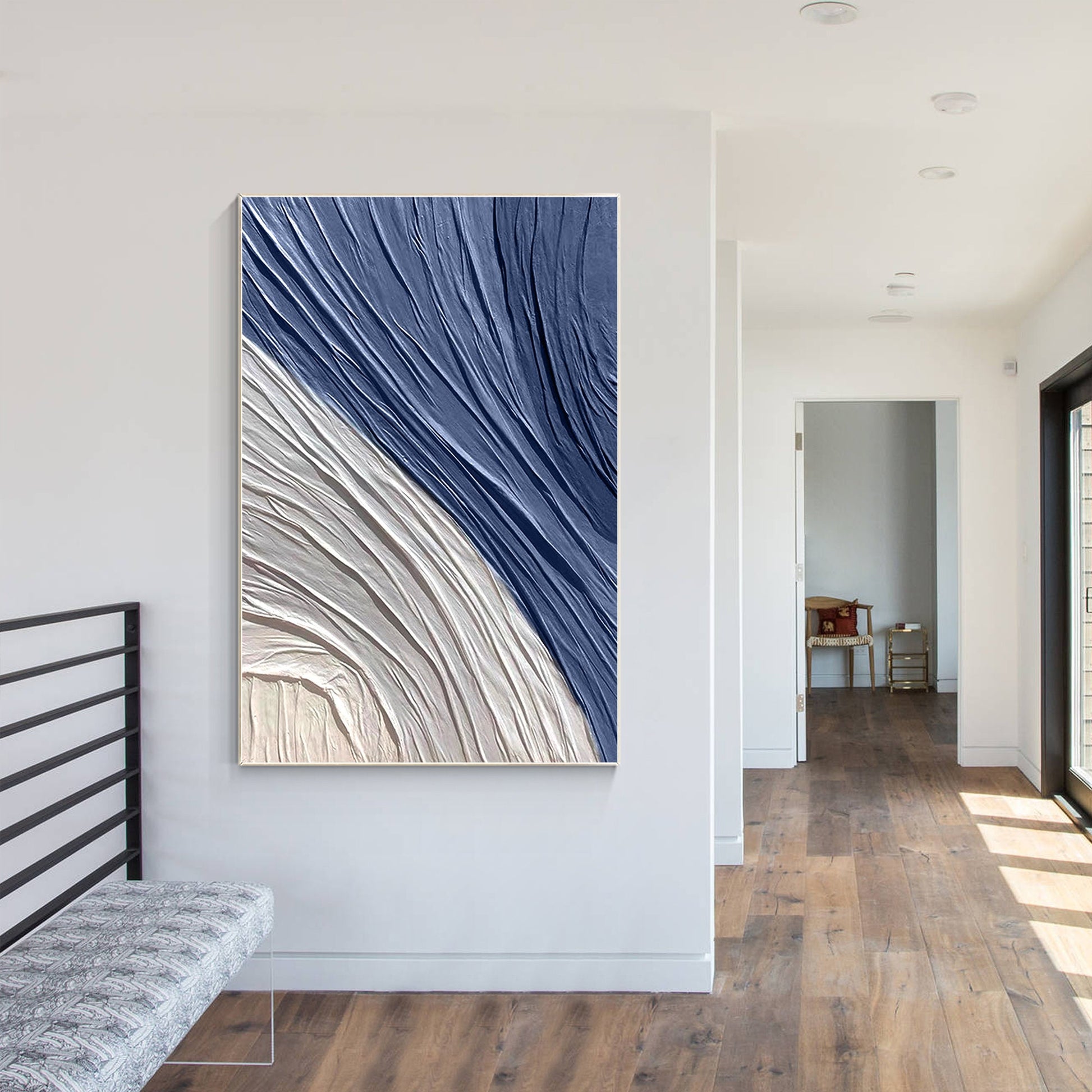 Navy Blue 3D Texture Painting, Minimalist Abstract Canvas Wall Art, Large Hand P #5