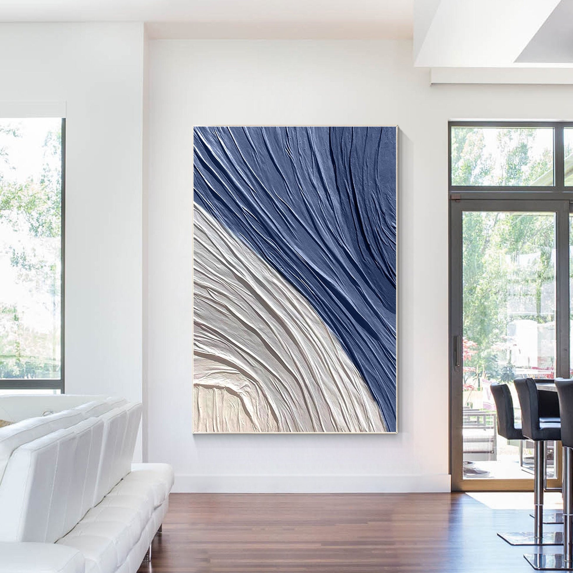 Navy Blue 3D Texture Painting, Minimalist Abstract Canvas Wall Art, Large Hand P #1