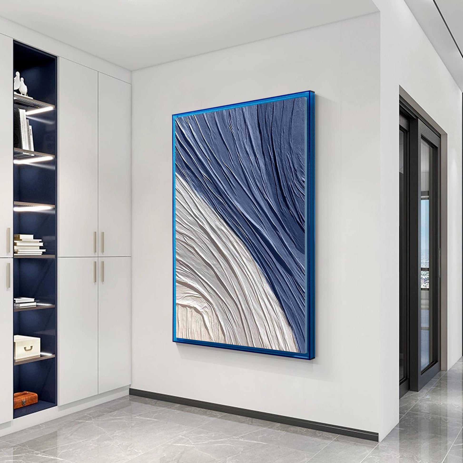 Navy Blue 3D Texture Painting, Minimalist Abstract Canvas Wall Art, Large Hand P #2