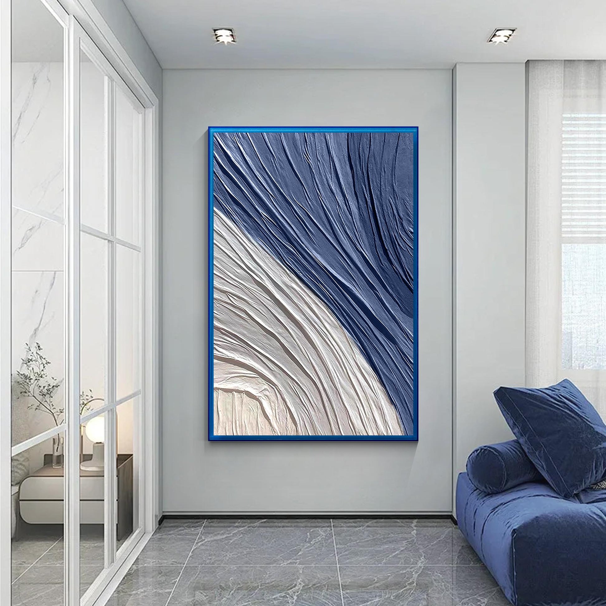Navy Blue 3D Texture Painting, Minimalist Abstract Canvas Wall Art, Large Hand P #3