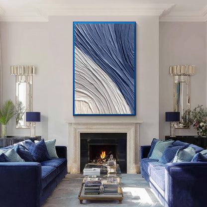 Navy Blue 3D Texture Painting, Minimalist Abstract Canvas Wall Art, Large Hand P #4
