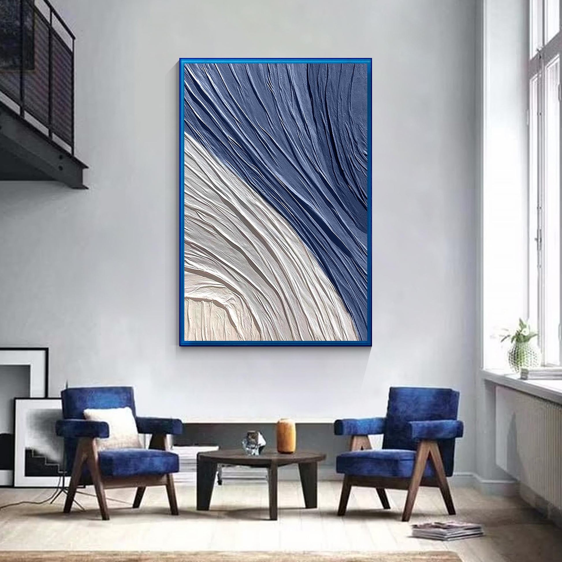 Navy Blue 3D Texture Painting, Minimalist Abstract Canvas Wall Art, Large Hand P #1