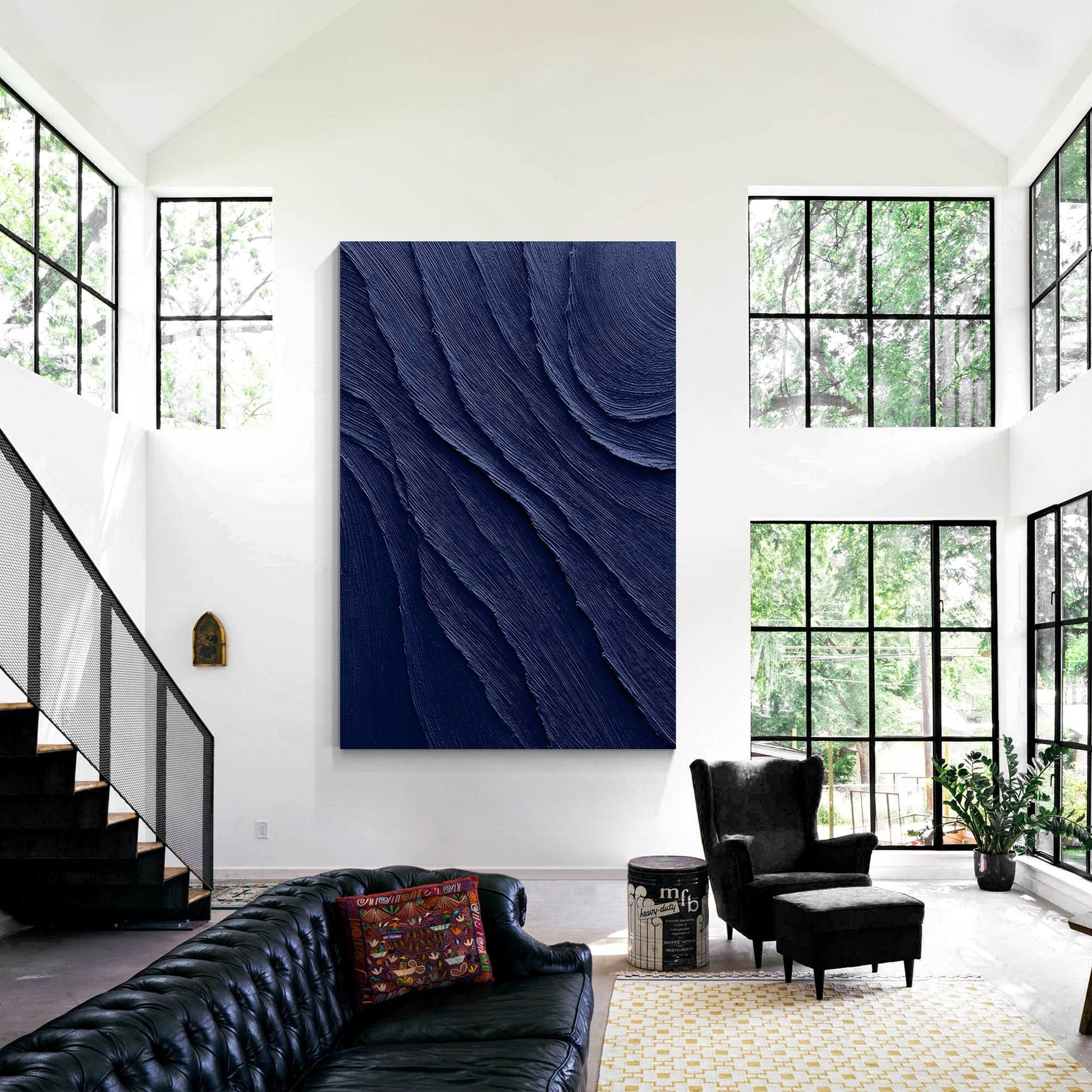 Navy Blue 3D Texture Wall Art, Extra Large Minimalist Canvas Painting, Thick Tex #1