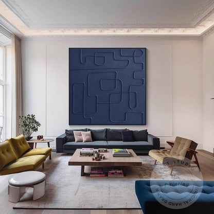 Navy Blue 3D Texture Wall Art, Minimalist Square Abstract Painting on Canvas, Ex #2