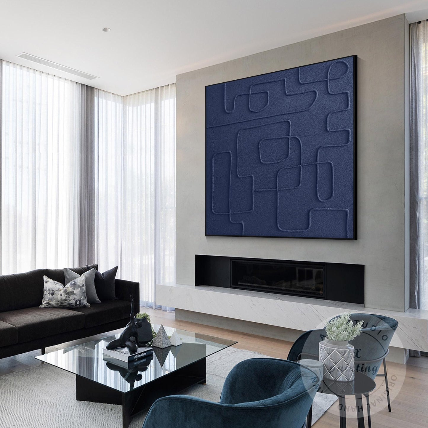 Navy Blue 3D Texture Wall Art, Minimalist Square Abstract Painting on Canvas, Ex #3