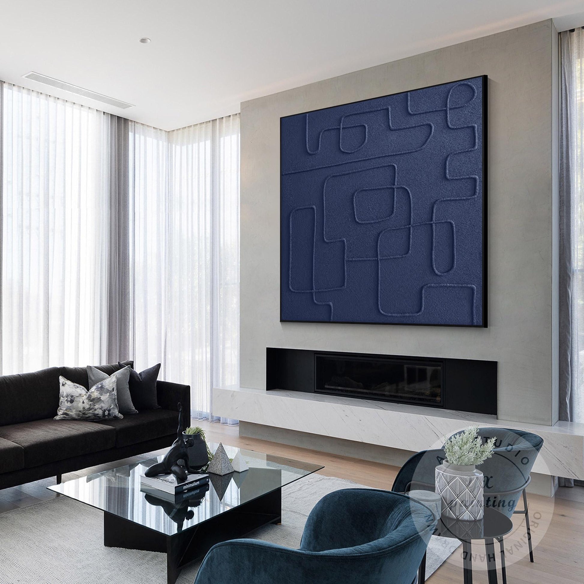 Navy Blue 3D Texture Wall Art, Minimalist Square Abstract Painting on Canvas, Ex #3